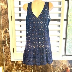 Solitaire Swim-Navy Blue Floral Eyelet Swim Cover Up/Beach Dress: Sz M
